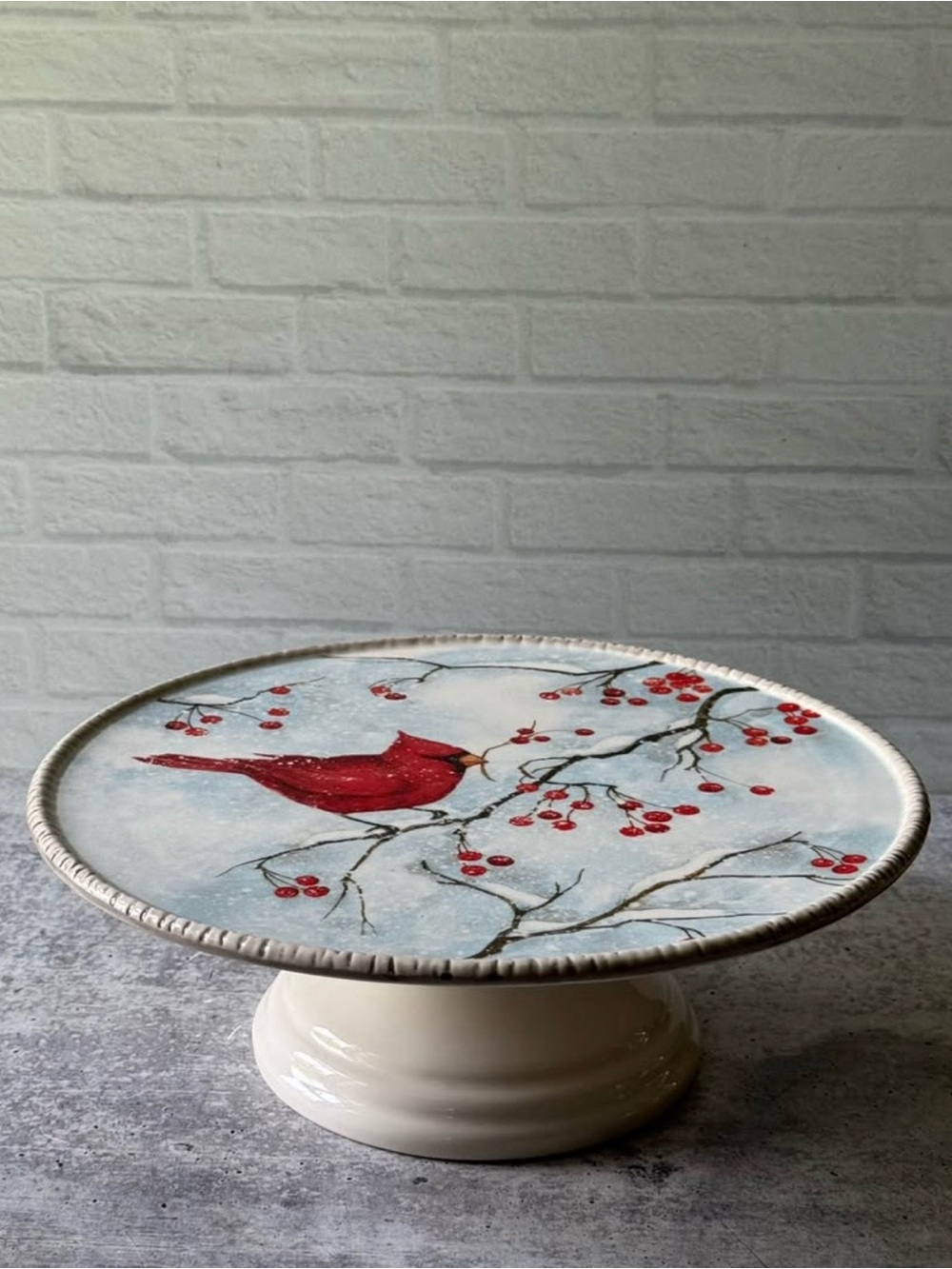 Cracker Barrel Red Cardinal Bird Cake Stand Winter Theme - Hard To Find